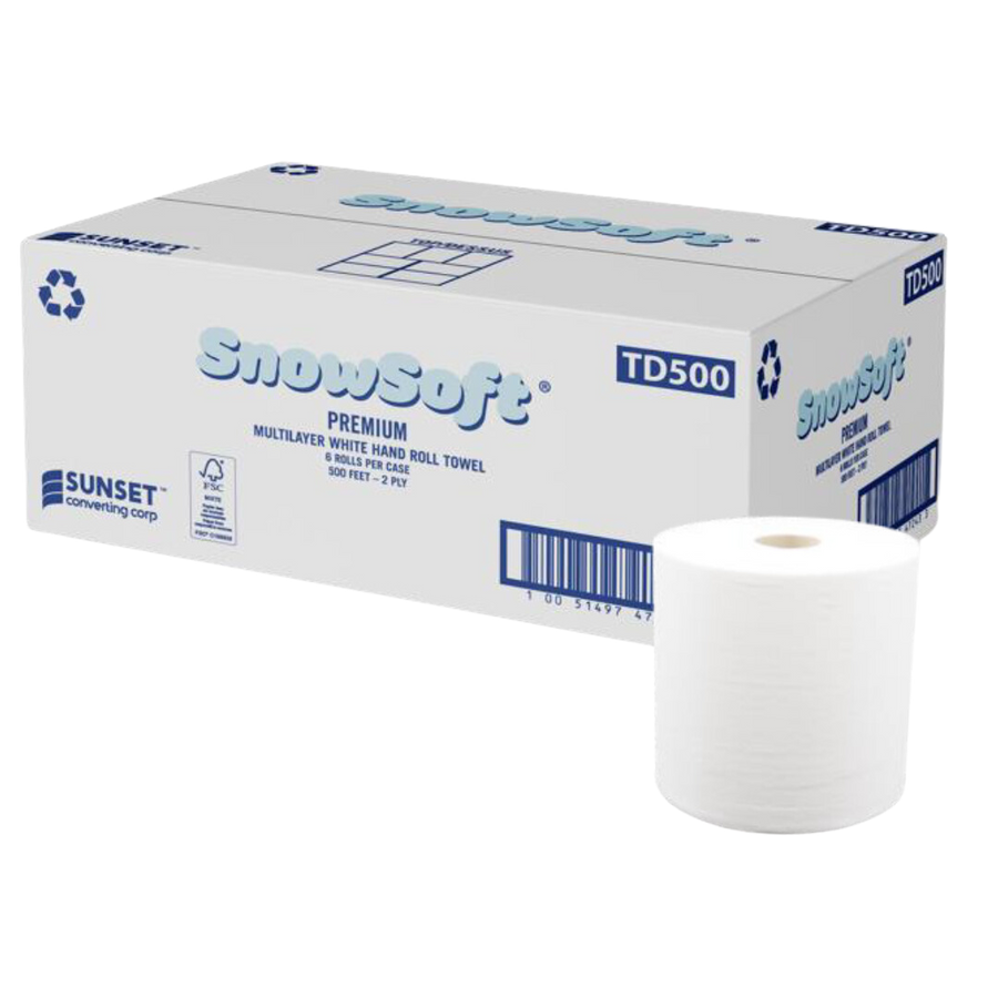 7.65" x 500', 2 ply White Hand Towel Rolls - 6 Rolls