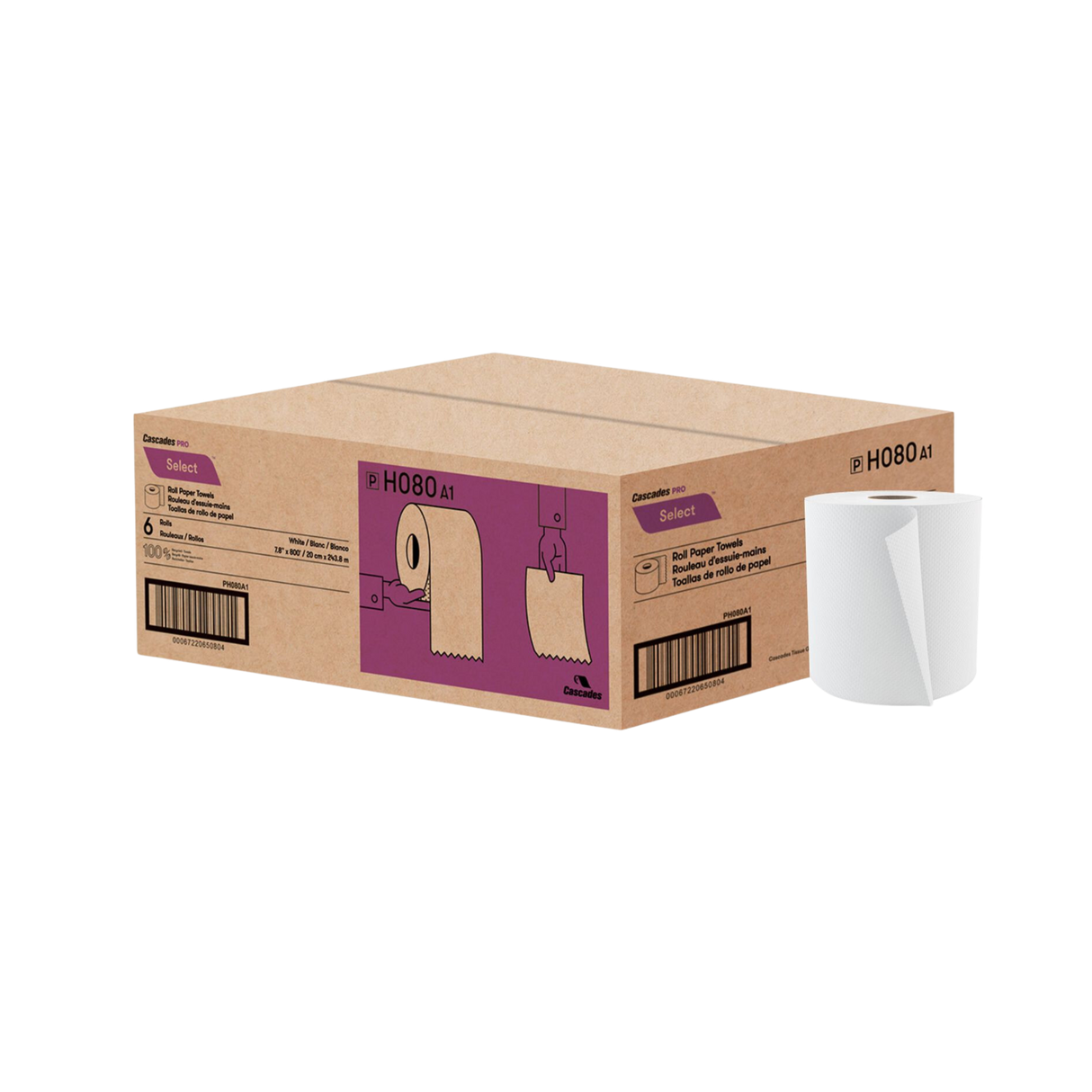 8" x 800' White Hand Towel Rolls - 6 Rolls