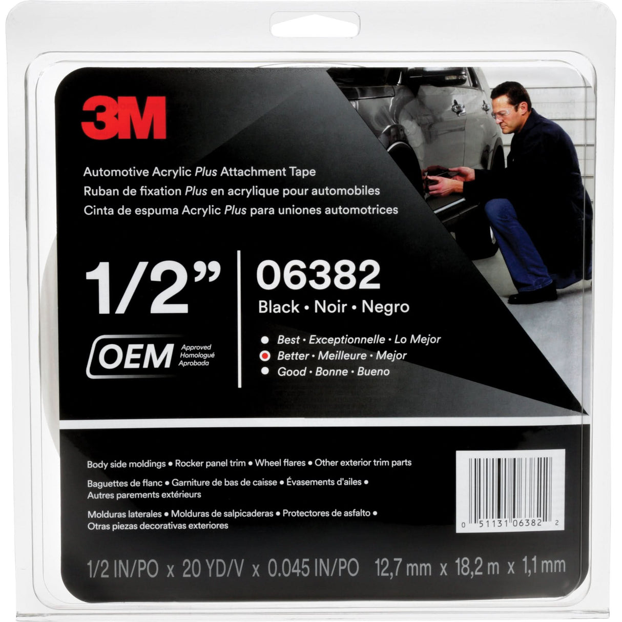 3M™ Automotive Acrylic Tape, 18 M (60') L x 12.7 mm (1/2") W, 45 mils, Acrylic
