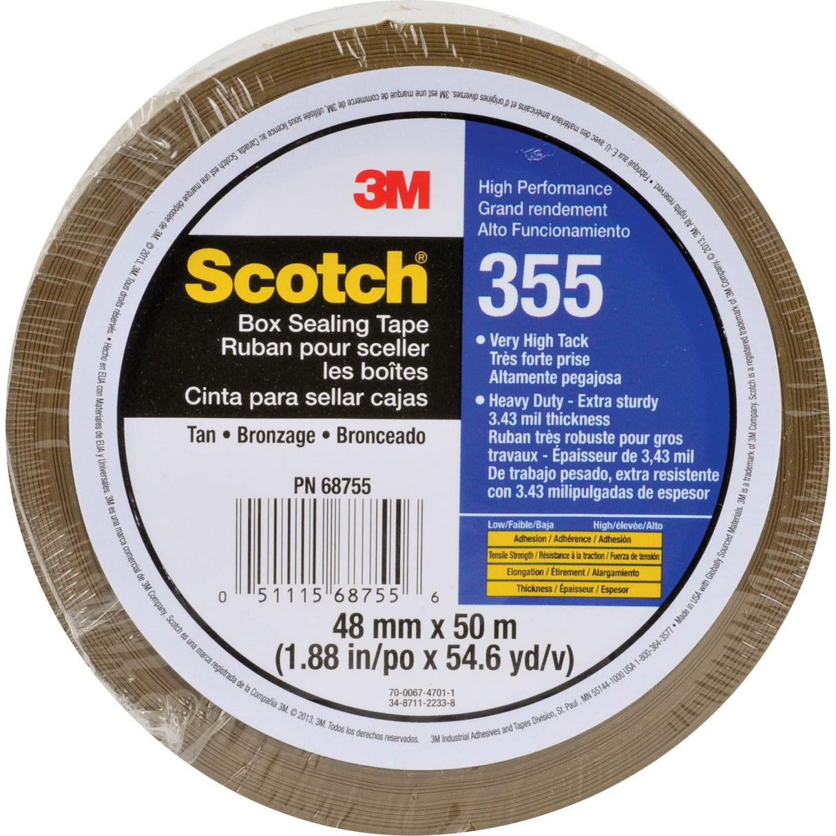 Scotch® Box Sealing Tape, Hot Melt Adhesive, 3.15 mils, 48 mm (2") x 50 m (164')