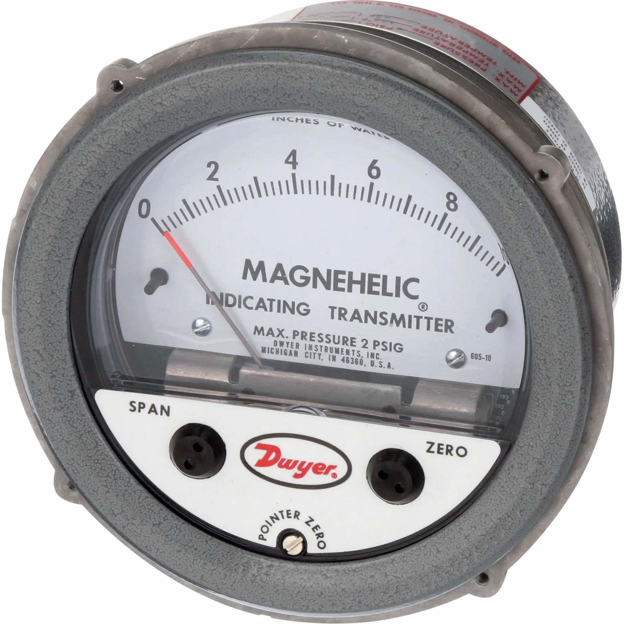 605 Series Magnehelic® Differential Pressure Gauge & Indicating Transmitter, 4" , 0 - 10 in. w.c., Panel Mount, Analogue