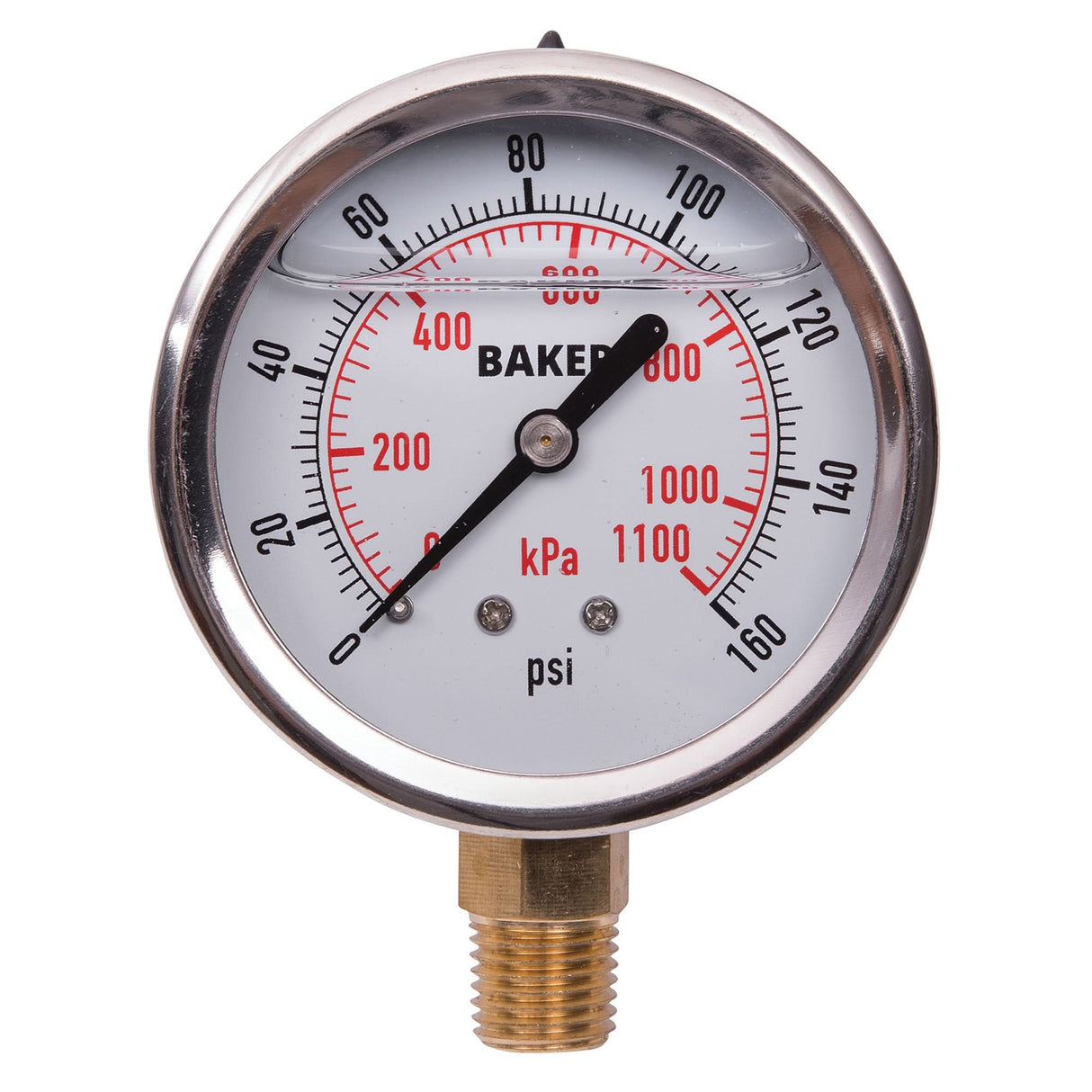 Pressure Gauges, 2-1/2" , 0 - 160 psi/0 - 1100 kPa, Bottom Mount, Liquid Filled Analogue