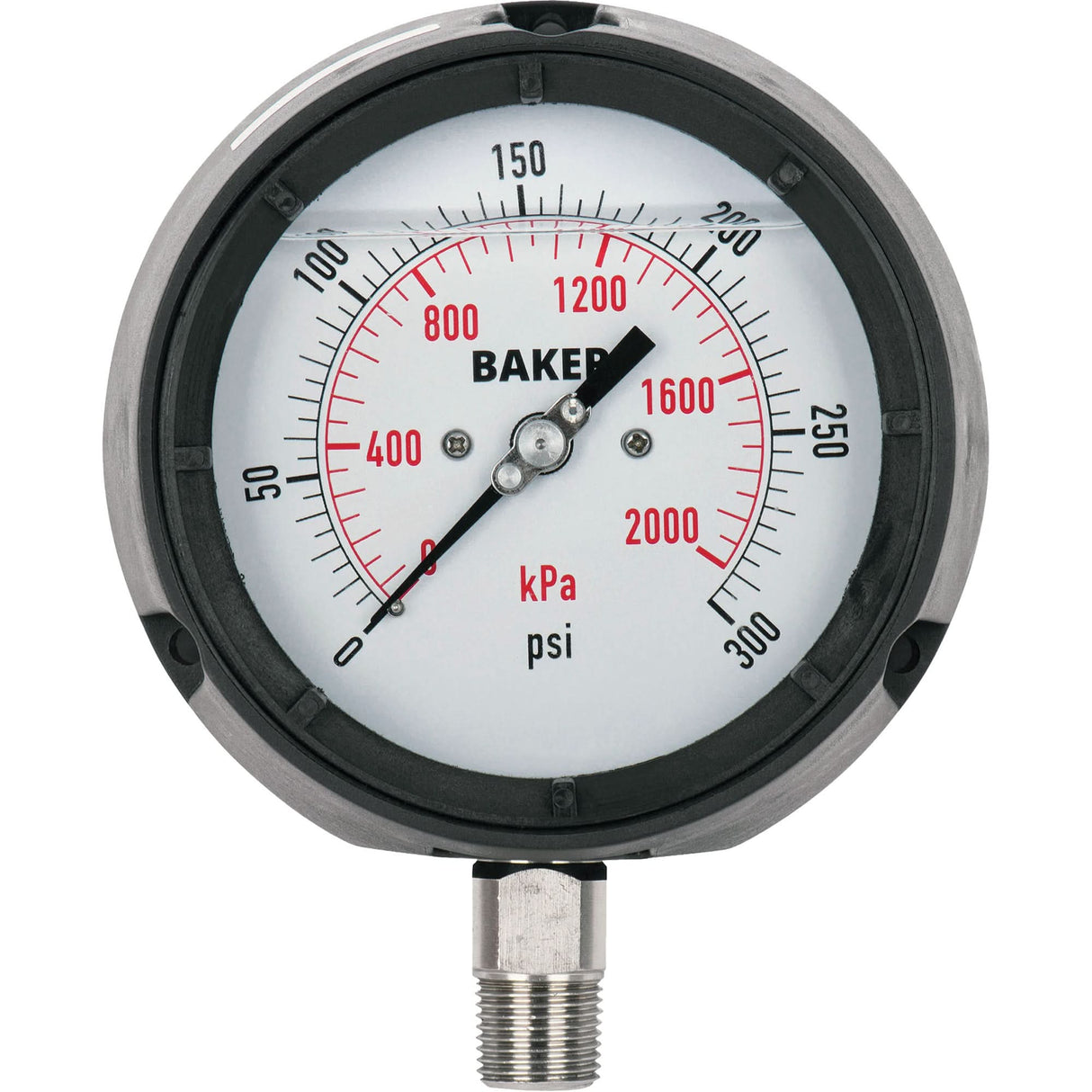 Pressure Gauge, 4-1/2" , 0 - 15 psi/0 - 100 kPa, Bottom Mount, Liquid Filled Analogue