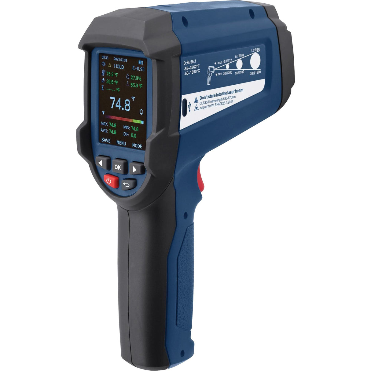 Professional Infrared Thermometer with Integrated Type K Thermocouple, -58 - 3362°F (-50 - 1850°C), 55:1, Adjustable Emmissivity