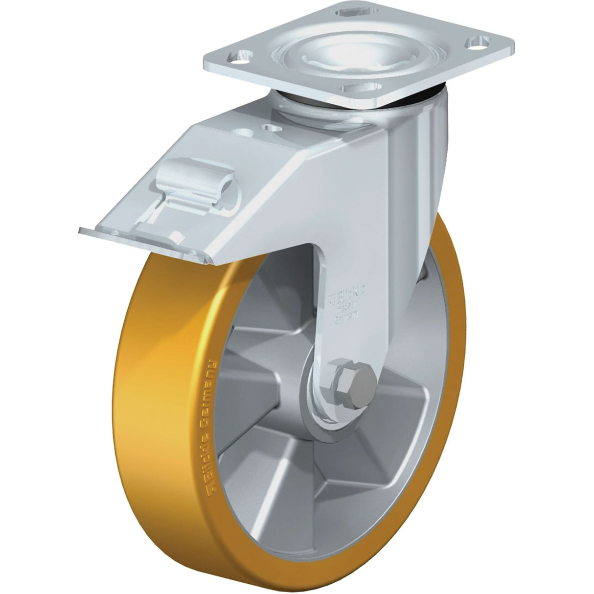 Heavy-Duty Kingpinless Caster, Swivel with Brake, 8" (203.2 mm), Polyurethane, 1250 lbs. (567 kg.)