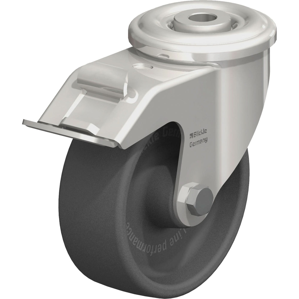 Heat-Resistant Thermoplastic Caster, Swivel with Brake, 4" Dia., 330 lbs. (149.685 kg.) Capacity