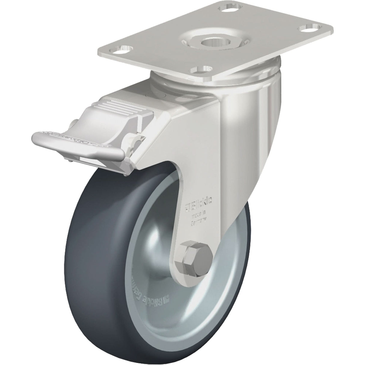 Caster, Swivel with Brake, 4" (101.6 mm), Thermoplastic Rubber-Elastomer, 240 lbs. (108 kg.)