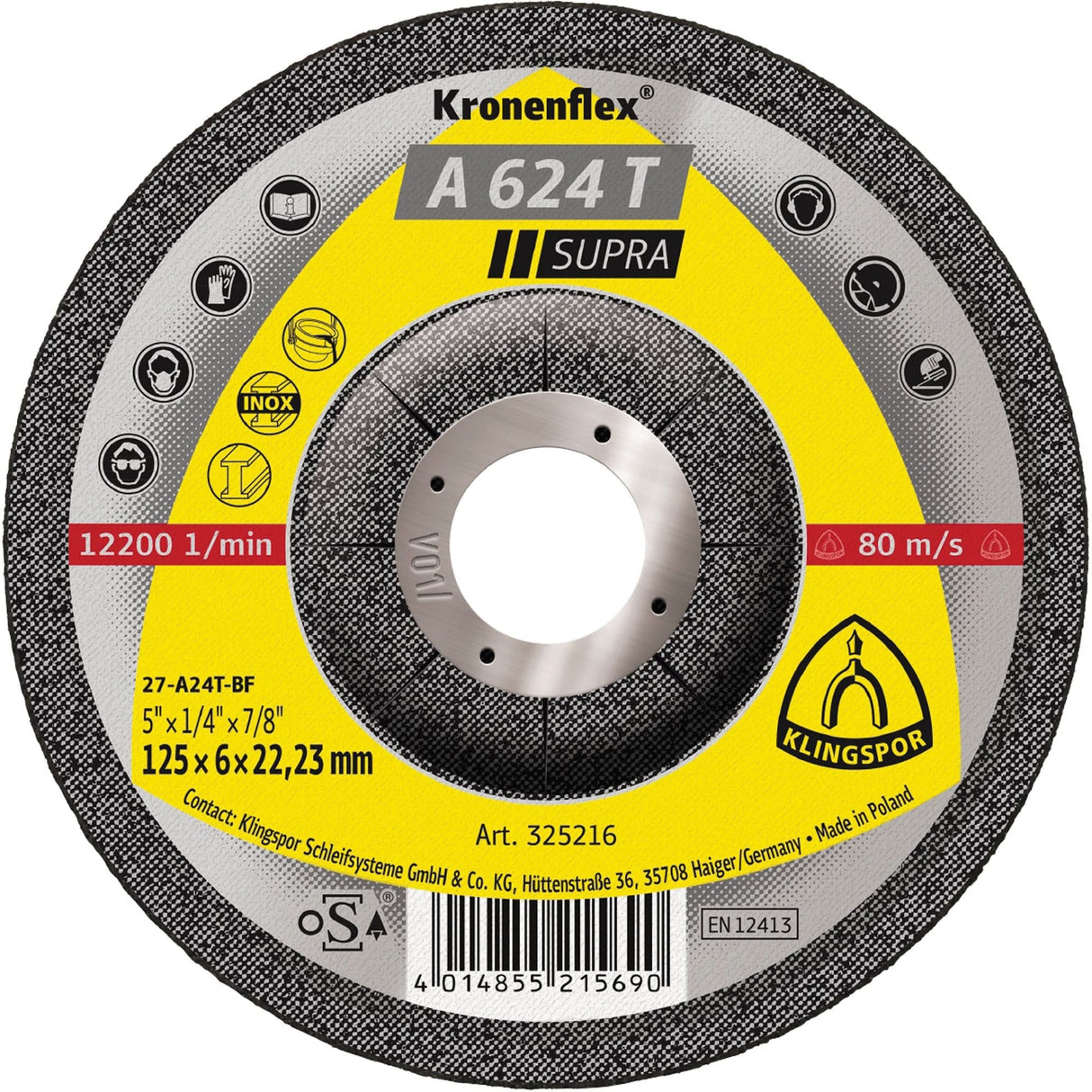 A 624 T Supra Kronenflex® Grinding Disc, 5" x 1/4", 7/8" Arbor