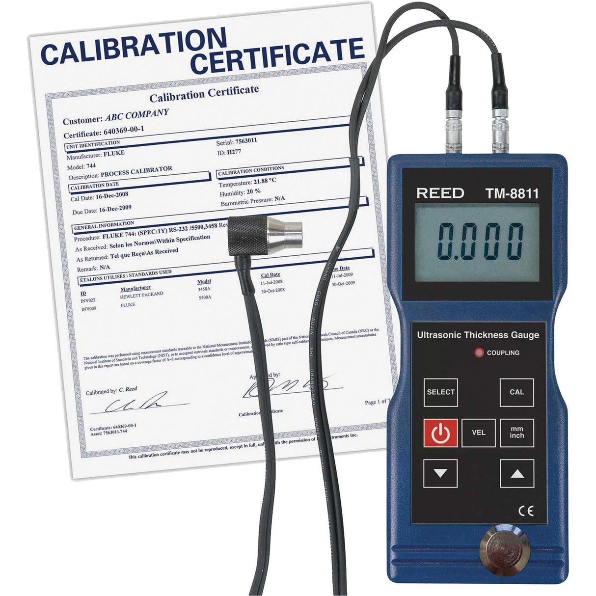 Thickness Gauge with ISO Certificate, Digital Display, Ultrasound, 0.05" to 7.9" (1.5 mm to 200 mm) Range