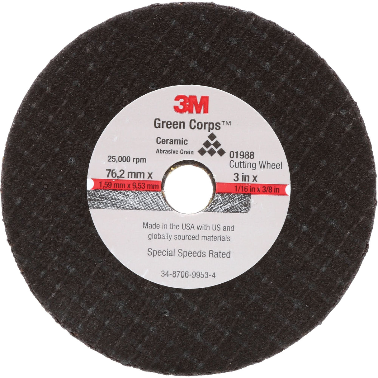 General-Purpose Cut-Off Wheel, 3" x 1/16", 3/8" Arbor, Type 27, Aluminum Oxide, 25000 RPM