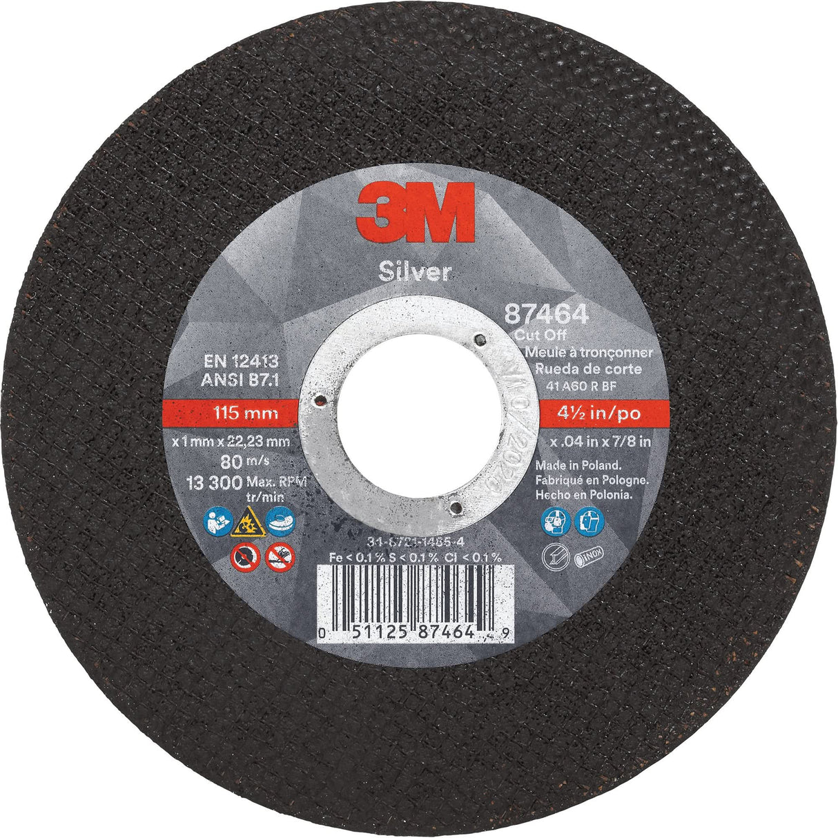 Silver Cut-Off Wheel, 4-1/2" x 0.04", 7/8" Arbor, Type 1, Ceramic, 13300 RPM