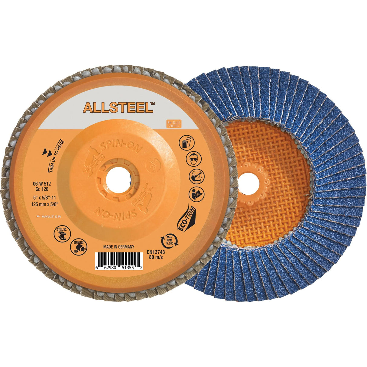 AllSteel™ Flap Disc, 5" x 5/8"-11, Type 27, 120 Grit, Zirconia Alumina