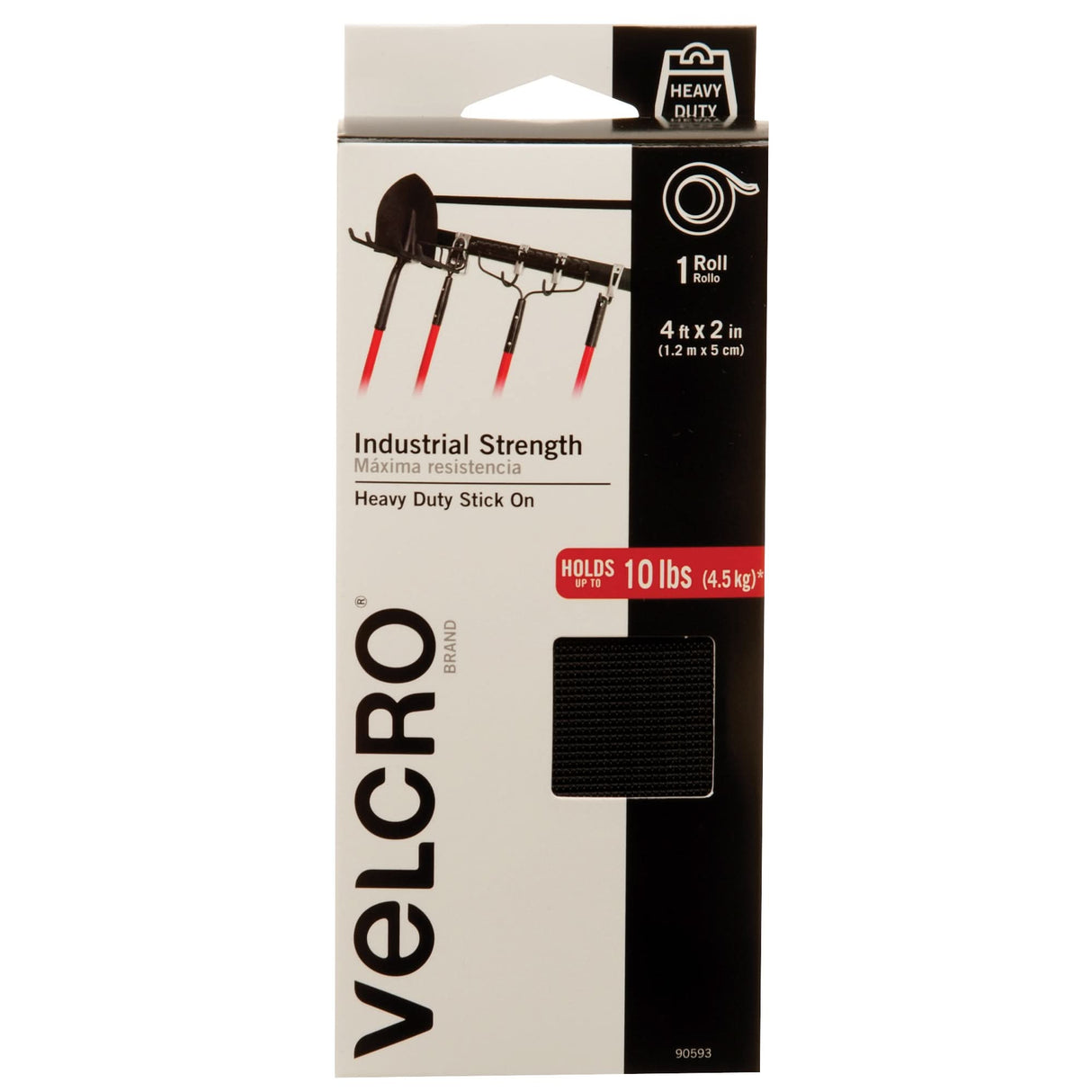 Industrial Strength Fastener Tape, Hook & Loop, 4' x 2", Adhesive, Black