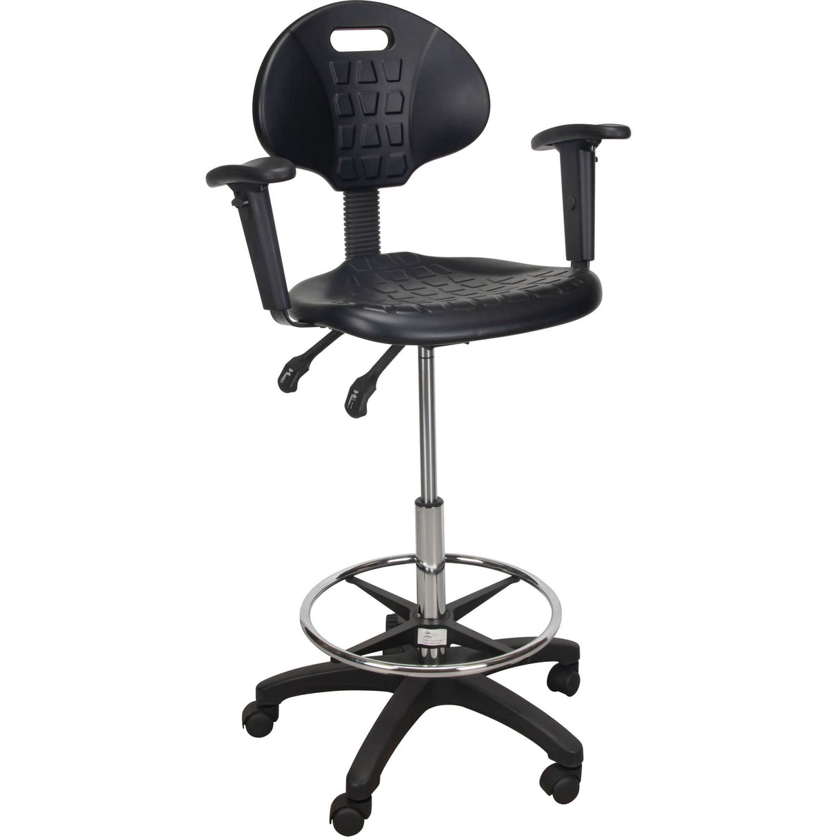Heavy-Duty Ergonomic Stool with Adjustable Arm Rests & Nylon Stem Casters, Mobile, Adjustable, 39" - 48", Polyurethane Seat, Black