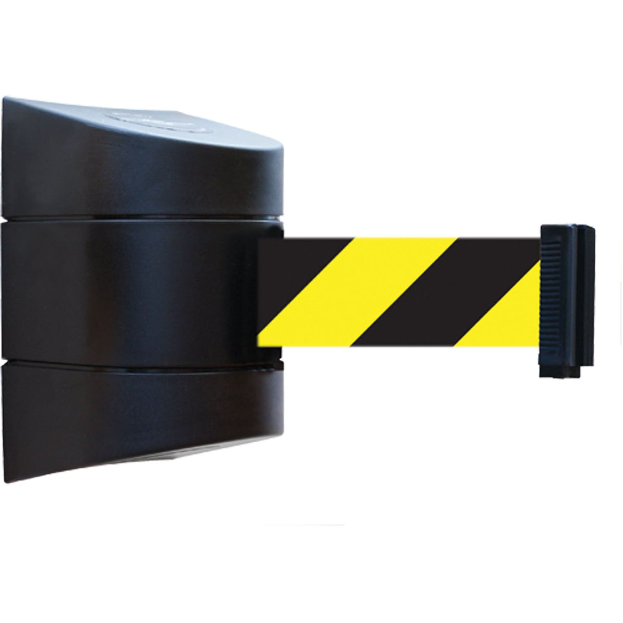 Tensabarrier® Wall Mounted Units, Plastic, Magnetic Mount, 15', Black and Yellow Tape