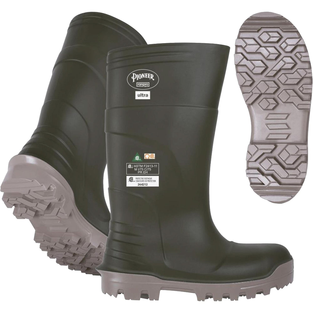 B105FUL.GR Pioneer Ultra Boots, Polyurethane, Steel/Composite Toe, Size 7, Puncture Resistant Sole