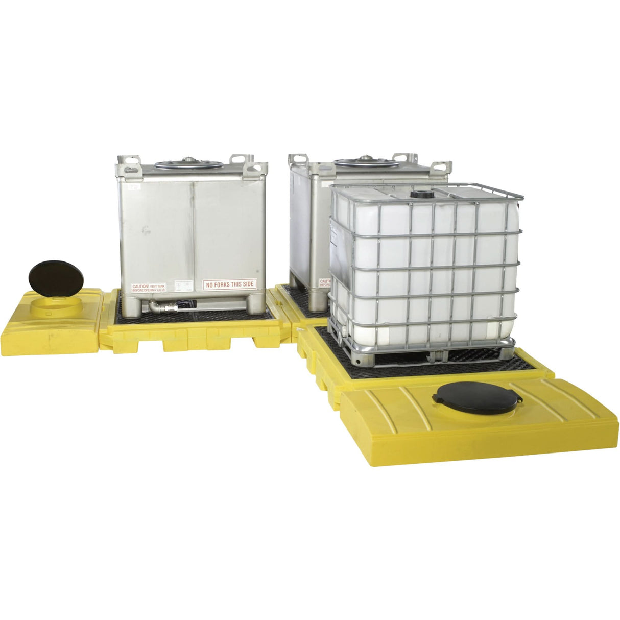 Indoor 3-Tank Ultra-Modular IBC Spill Pallet, 355 US gal. Spill Capacity, 248" x 11" x 62"