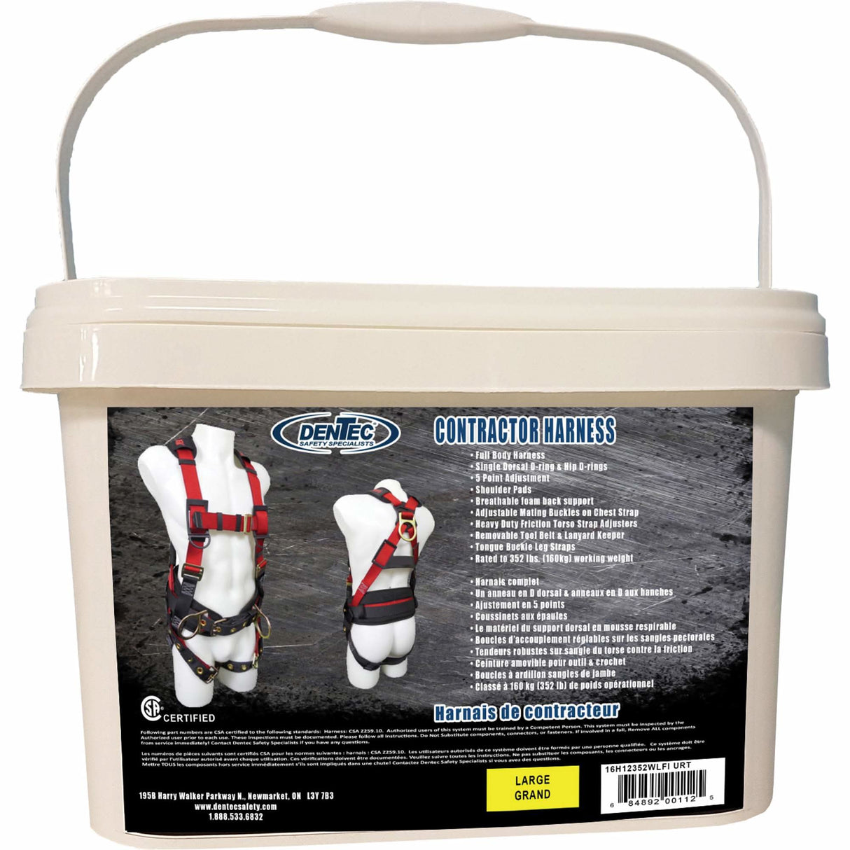 Contractor Safety Harness in Pail, CSA Certified, Class AP, Large, 352 lbs. Cap.