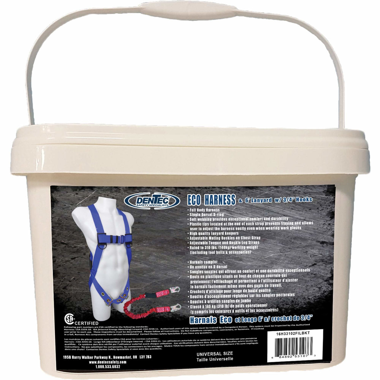 ECO™ Safety Harness in Pail with 6' Lanyard, CSA Certified, Class A, 255 lbs. Cap.