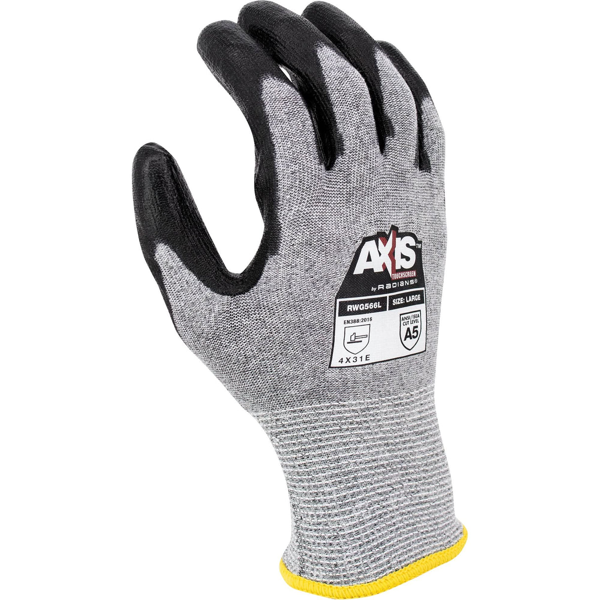 RWG566 AXIS™ Cut Protection Touchscreen Work Glove, Size 2X-Large, 18 Gauge, Polyurethane Coated, Stainless Steel/HPPE Shell, ASTM ANSI Level A5/EN 388 Level E