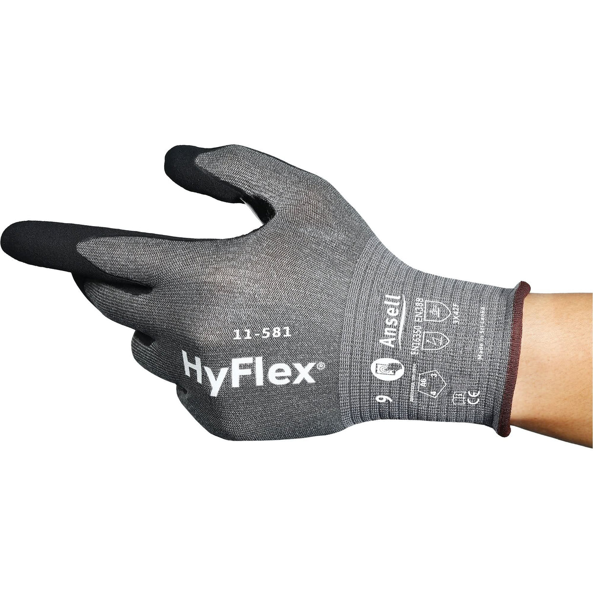 HyFlex® 11-581 Ultra-Lightweight Industrial Gloves, Size 6, 21 Gauge, Nitrile Coated, Nylon/HPPE/Tungsten/Spandex Shell, ASTM ANSI Level A6