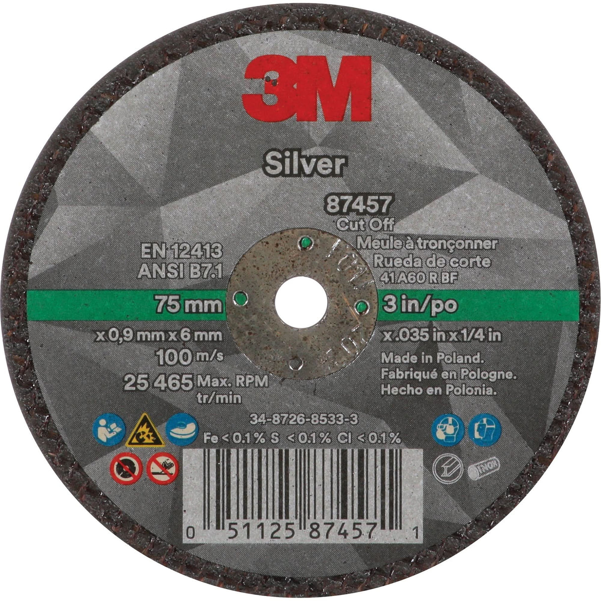 Silver Cut-Off Wheel, 3" x 0.04", 1/4"-28 Arbor, Type 1, Ceramic, 25645 RPM