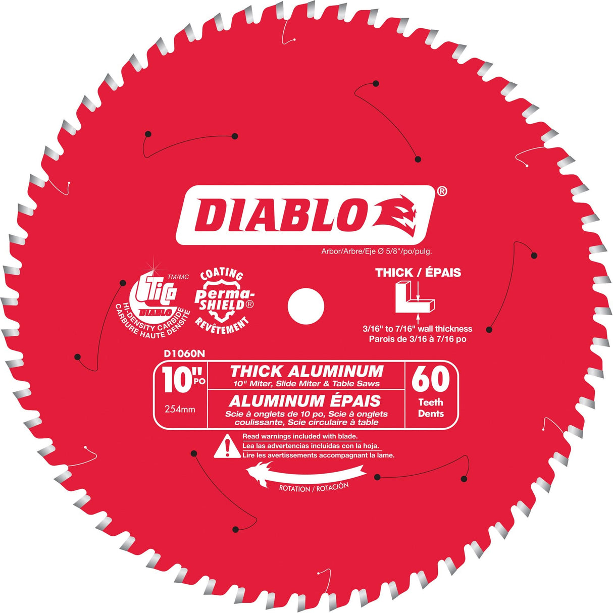 Thick Aluminum Cutting Circular Saw Blade, 10", 60 Teeth, Plastic/Fibreglass/Non-Ferrous Use