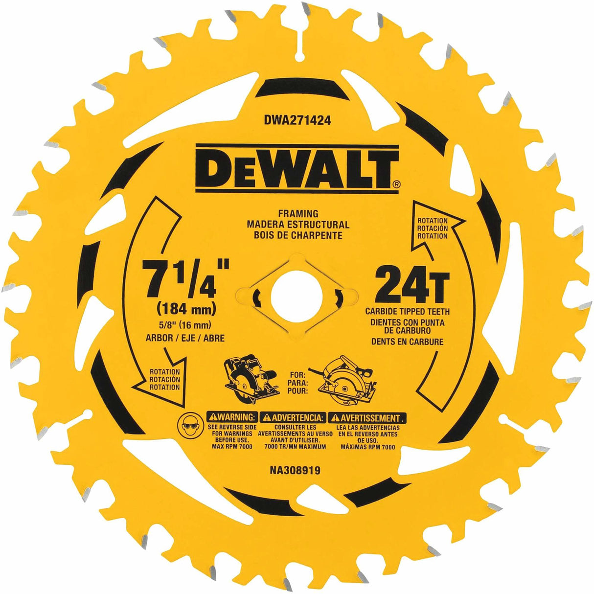 Circular Saw Blade, 7-1/4", 24 Teeth, Wood Use