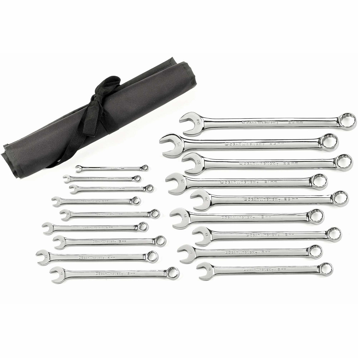 12-Point Long Pattern Wrench Set with Tool Roll, Combination, 18 Pieces, Metric