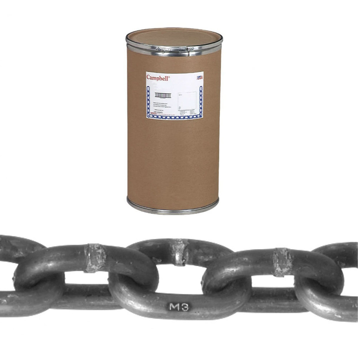 Campbell® Proof Coil Chain, Low Carbon Steel, 3/8" x 400' (121.9 m) L, Grade 30, 2650 lbs. (1.325 tons) Load Capacity