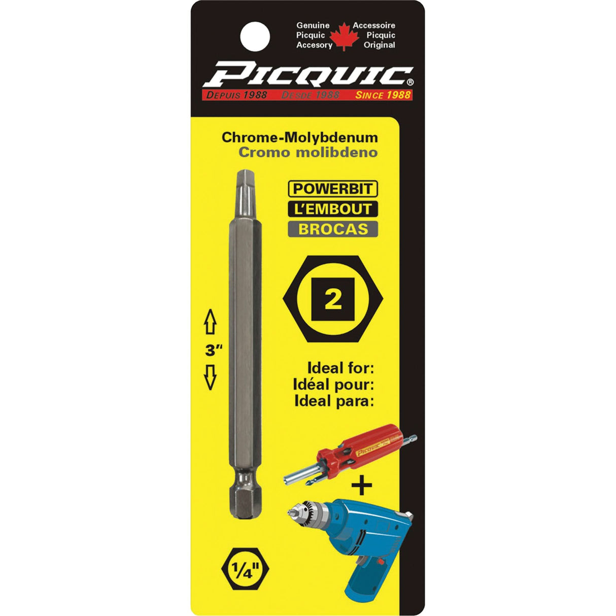 Picquic® Powerbit, Square, #2 Tip, 1/4" Drive Size, 3" Length