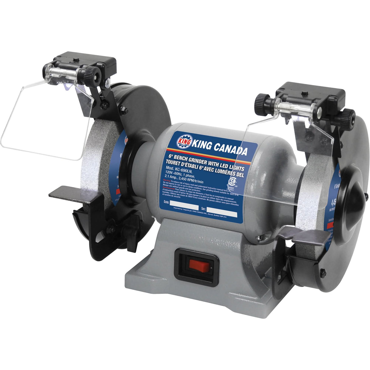 Bench Grinder with LED Lights, 6" Wheel Diameter, 3450 RPM