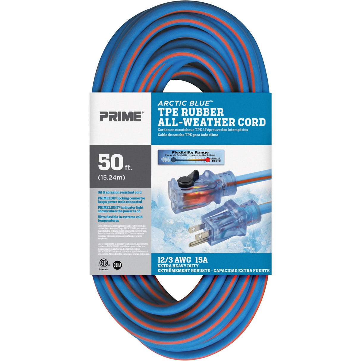 Arctic Blue™ TPE-Rubber Locking Extension Cord, All-Weather, SJEOW, 12/3 AWG, 15 A, 50'