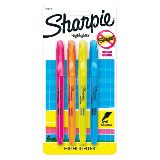 Sharpie Pocket Highlighters, Narrow Chisel Tip, Assorted Colours, 4 Count
