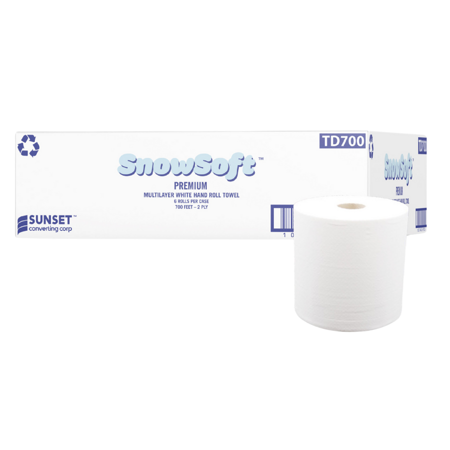 7.65" x 700' TAD White 2 Ply Hand Towel Rolls - 6 Rolls