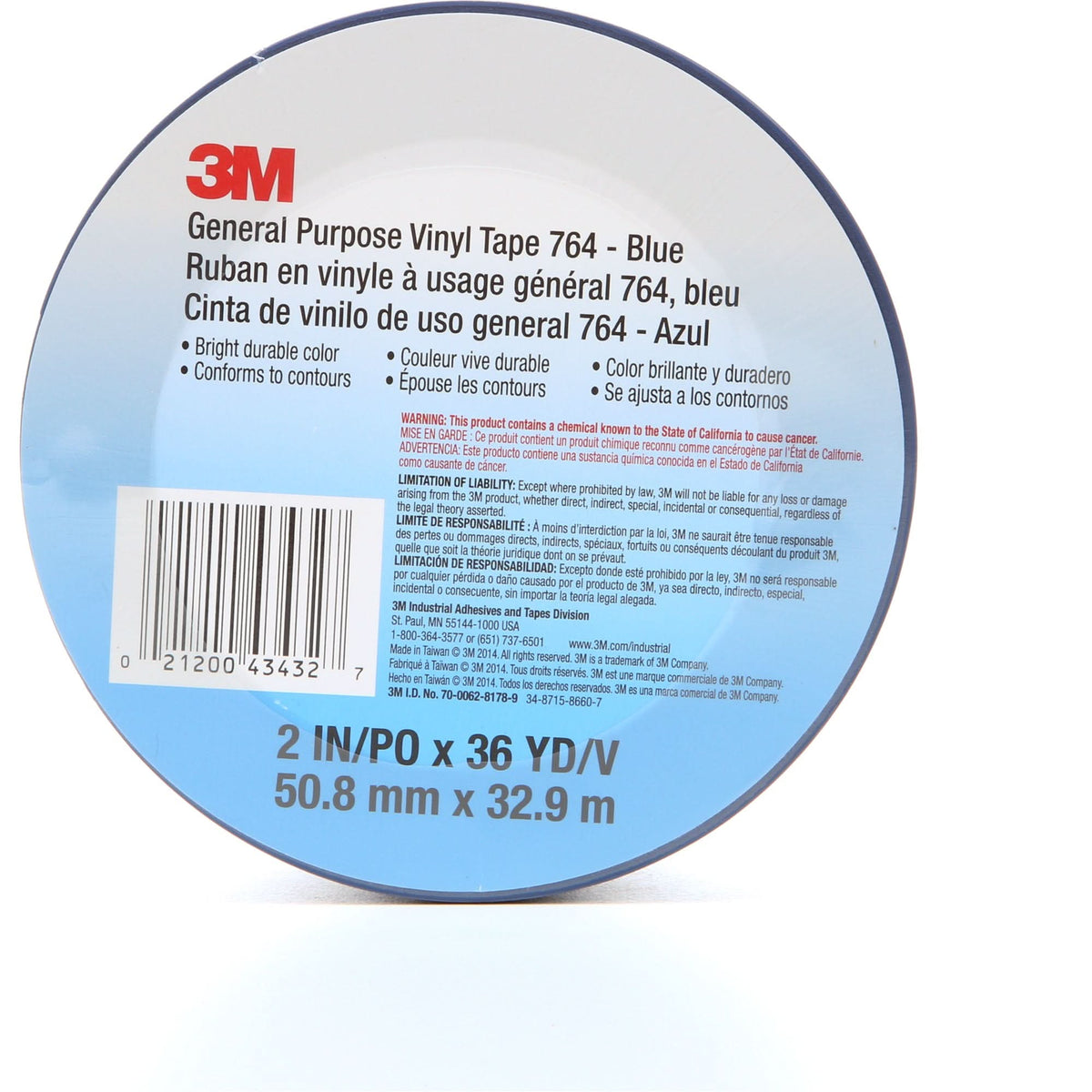 764 General-Purpose Vinyl Tape, 50.8 mm (2") W x 32.9 m (108') L, 5 mils, Blue
