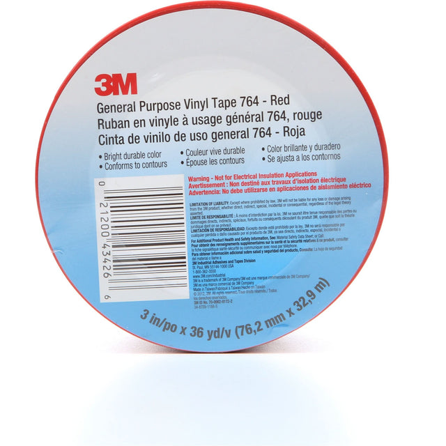 764 General-Purpose Vinyl Tape, 76 mm (3") W x 32.9 m (108') L, 5 mils, Red