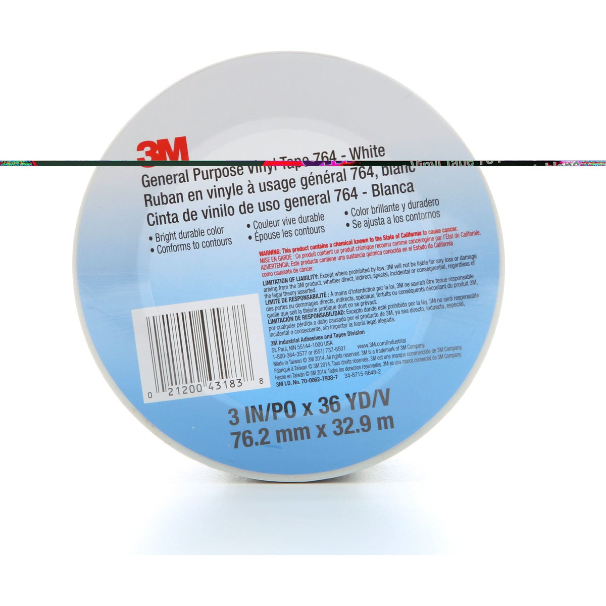 764 General-Purpose Vinyl Tape, 76 mm (3") W x 32.9 m (108') L, 5 mils, White