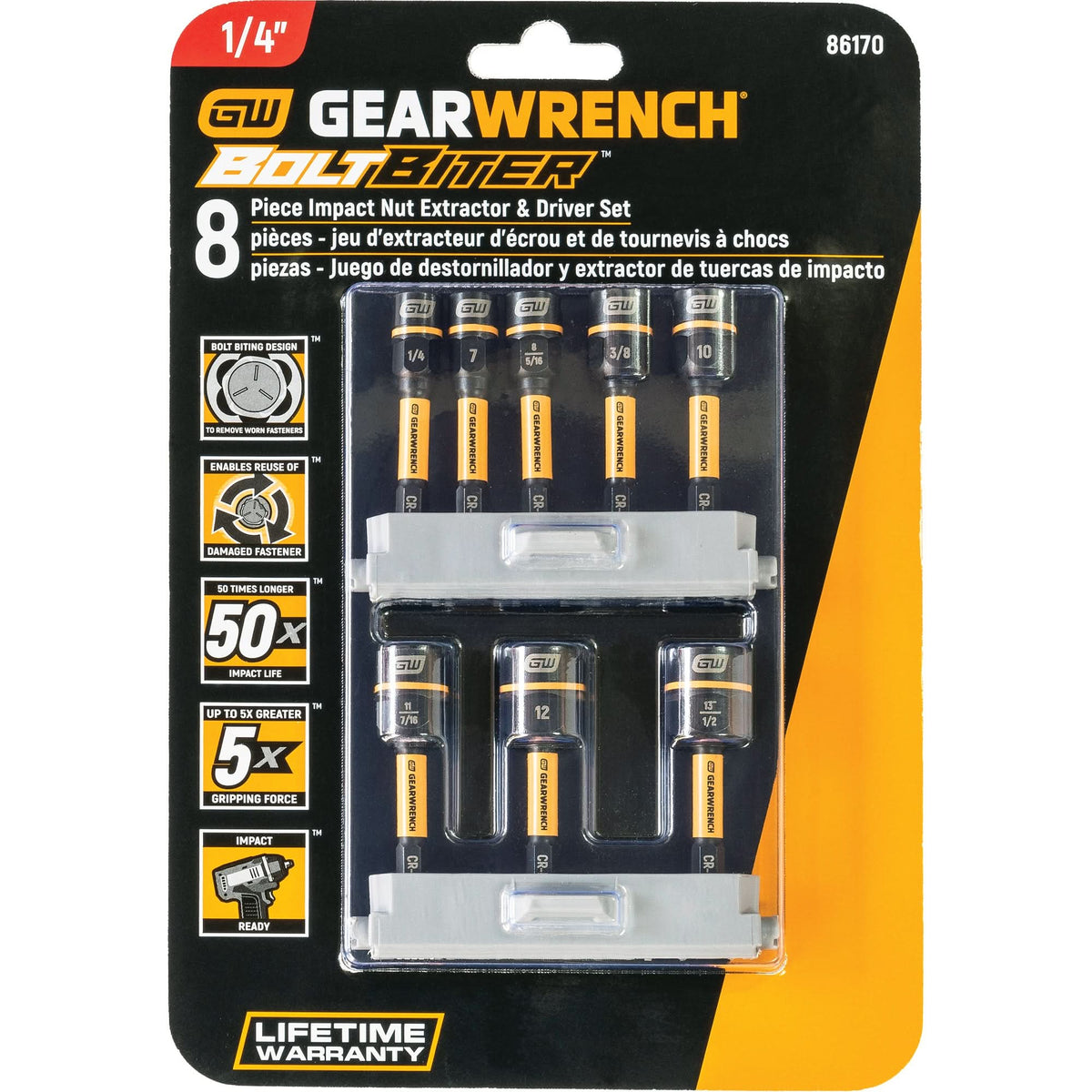 Bolt Biter™ Nut Extractor & Driver Set, 8 Pcs., Non Magnetic, Metric & Imperial