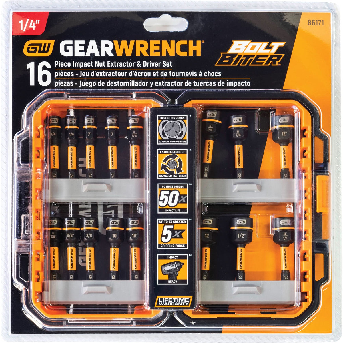 Bolt Biter™ Nut Extractor & Driver Set, 16 Pcs., Non Magnetic, Metric & Imperial