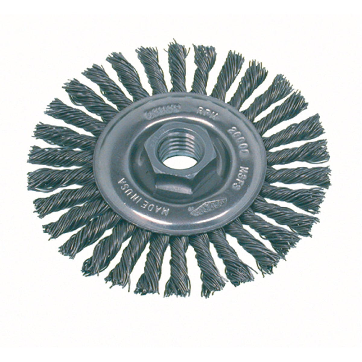 High Speed Small Grinder Stringer Bead Knot Wire Wheel Brush, 4" Dia., 0.02" Fill, 5/8"-11 Arbor, Stainless Steel