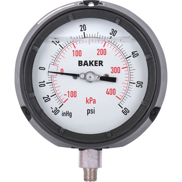 Pressure Gauge, 4-1/2" , 30"-0-60 psi, Bottom Mount, Liquid Filled Analogue