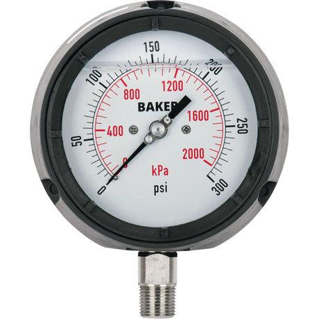 Pressure Gauge, 4-1/2" , 0 - 15 psi/0 - 100 kPa, Bottom Mount, Liquid Filled Analogue