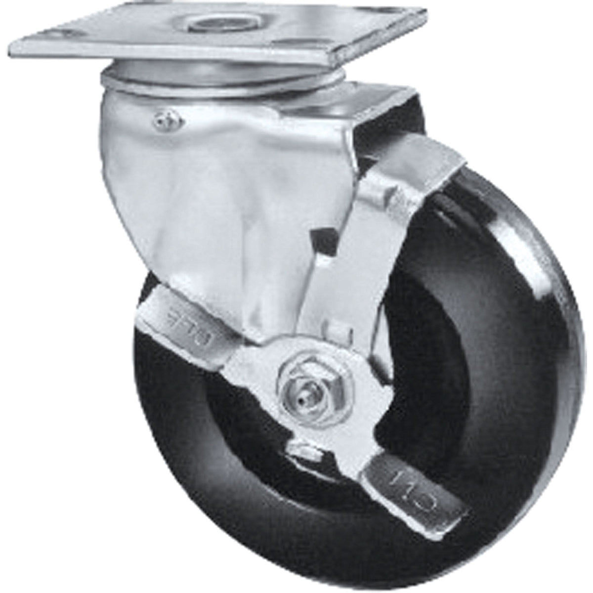 Heavy-Duty EMaxx Kingpin Caster, Swivel with Brake, 4" (101.6 mm), Mold-on Rubber, 400 lbs. (181 kg.)