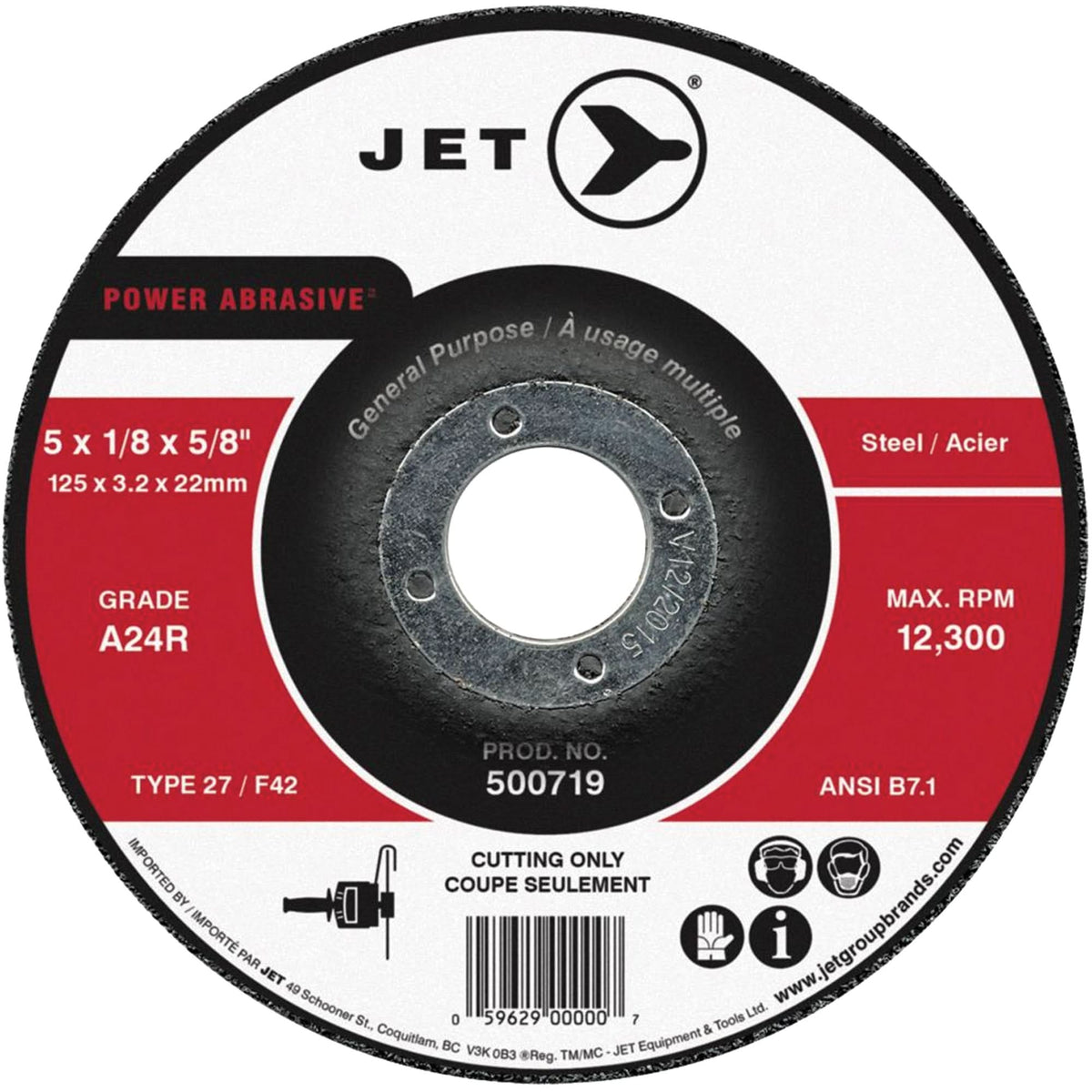 Power Abrasive Cut-Off Wheel, 4" x 1/8", 5/8" Arbor, Type 27, 15200 RPM