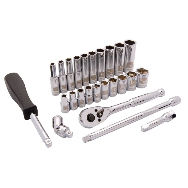 6-Point SAE Socket Set, 25 Pcs, 1/4" Drive Size, Deep