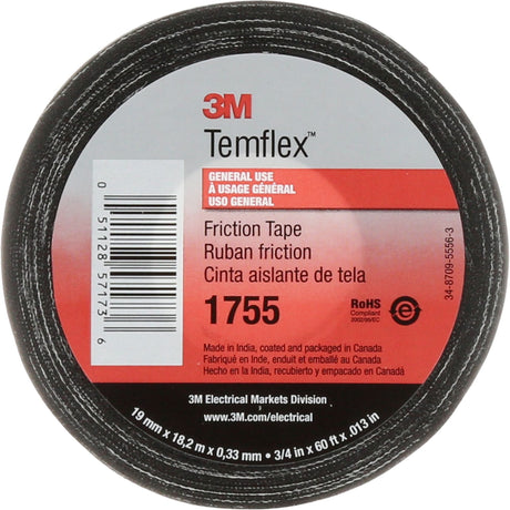 Temflex™ Cotton Friction Tape 1755, 19 mm (3/4") x 18.28 m (60'), Black