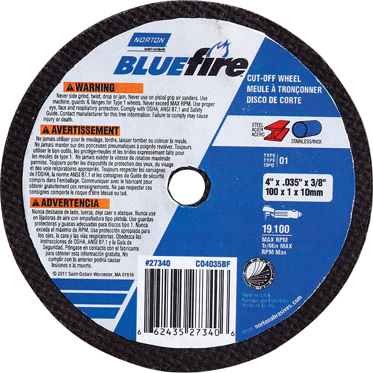 BlueFire® Cut-Off Wheels, 4" x 0.035", 3/8" Arbor, Aluminum Oxide, Type 1