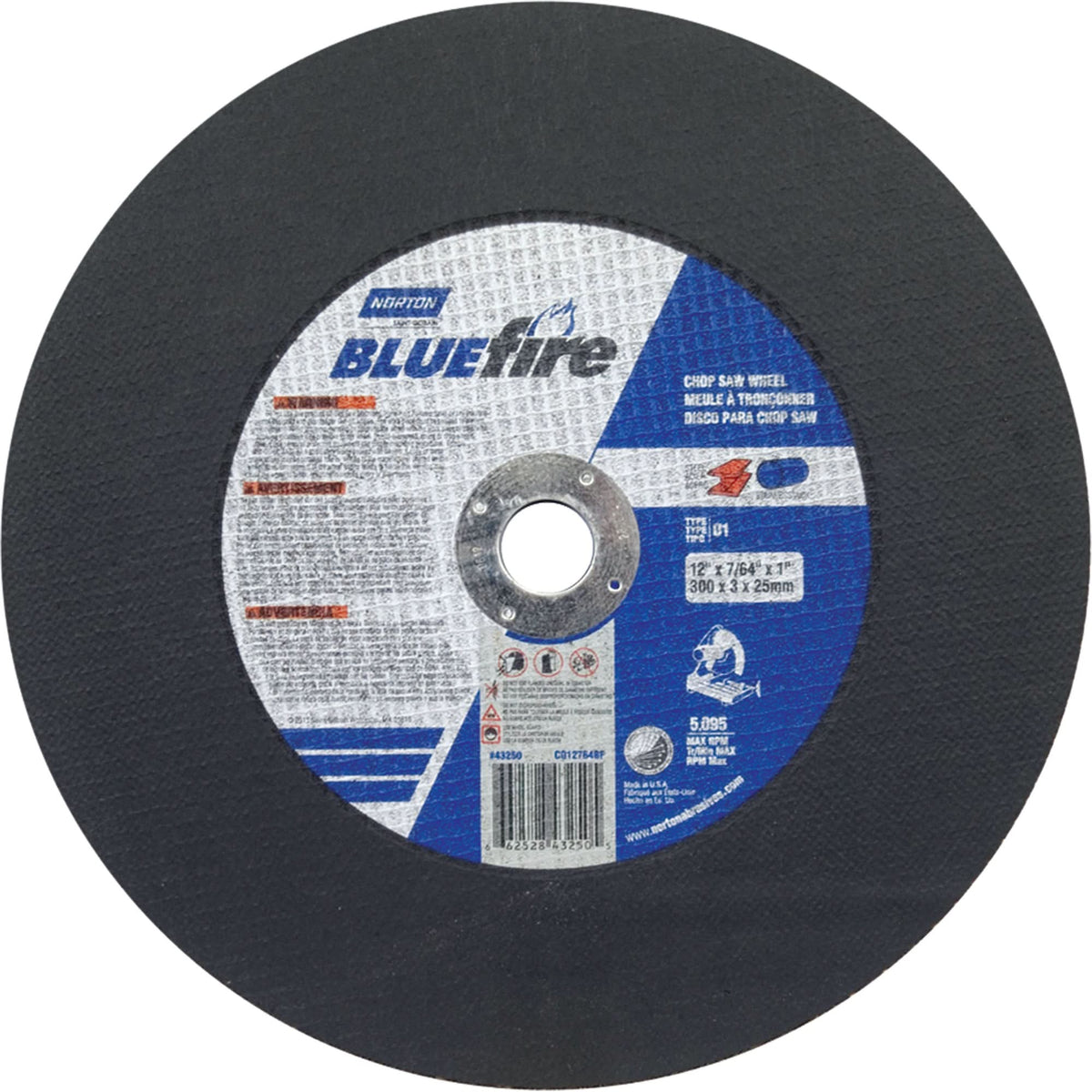 BlueFire® Chop Saw Wheels, 12" x 7/64", 1" Arbor, Type 01/41, Aluminum Oxide/Zirconium, 5095 RPM