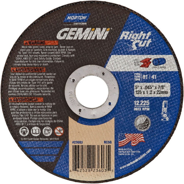 Right Angle Cut-Off Wheel, 5" x 0.045", 7/8" Arbor, Type 01/41, Aluminum Oxide, 12225 RPM